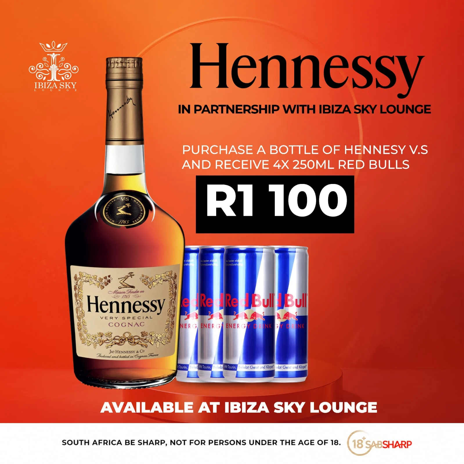 Hennessy VS and 4 Red Bulls for R1,100 at Ibiza Sky Lounge