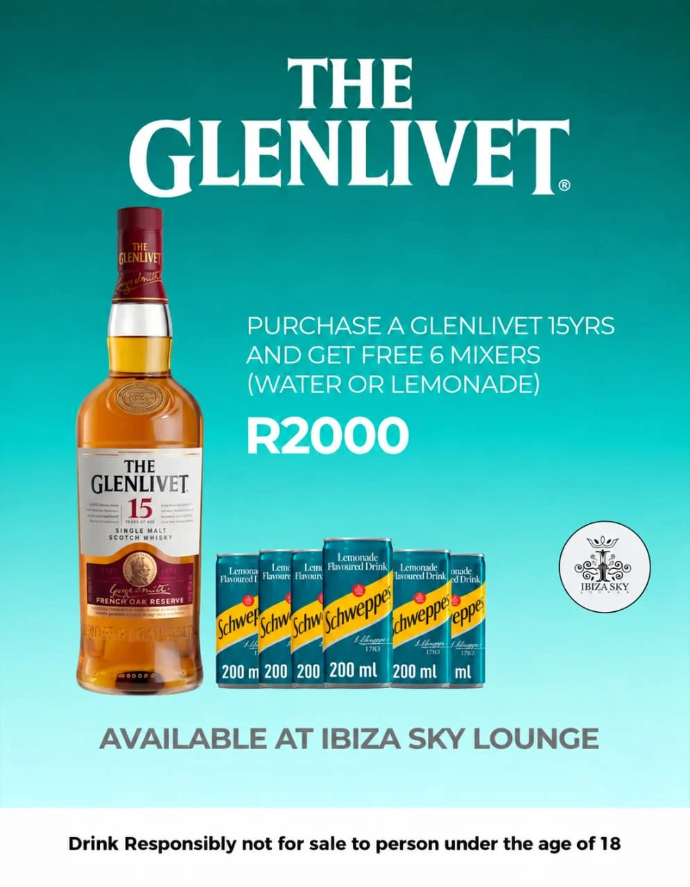 The Glenlivet 15 Year with 6 free mixers for R2,000 at Ibiza Sky Lounge