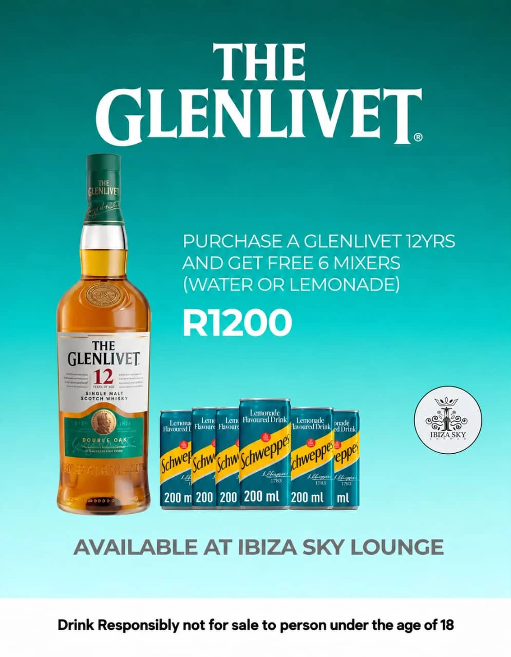 The Glenlivet 12 Year with 6 free mixers for R1,200 at Ibiza Sky Lounge