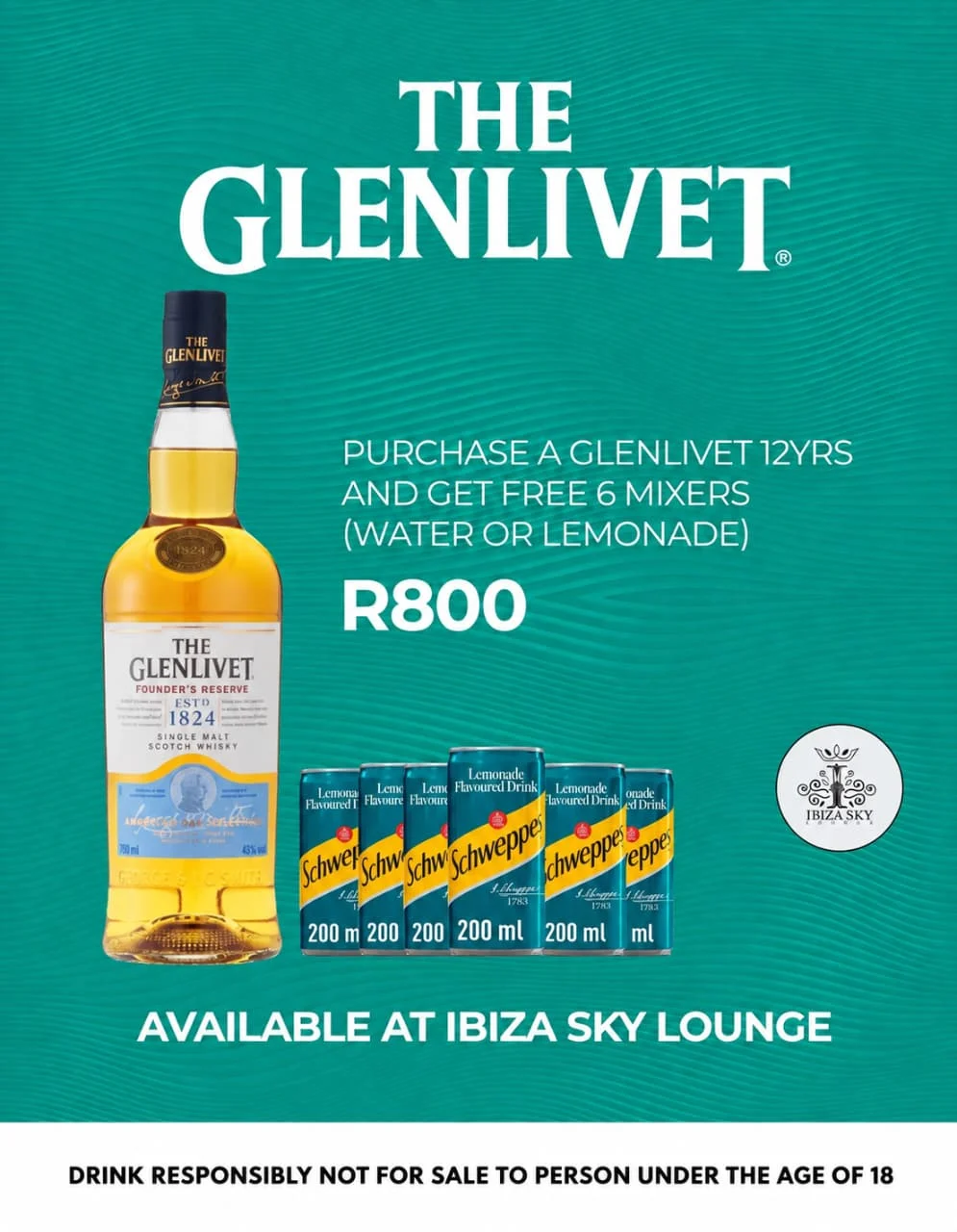 The Glenlivet Founder’s Reserve with 6 free mixers for R800 at Ibiza Sky Lounge